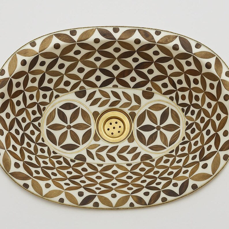 Moroccan artisan bathroom sink with wood and brass rim
