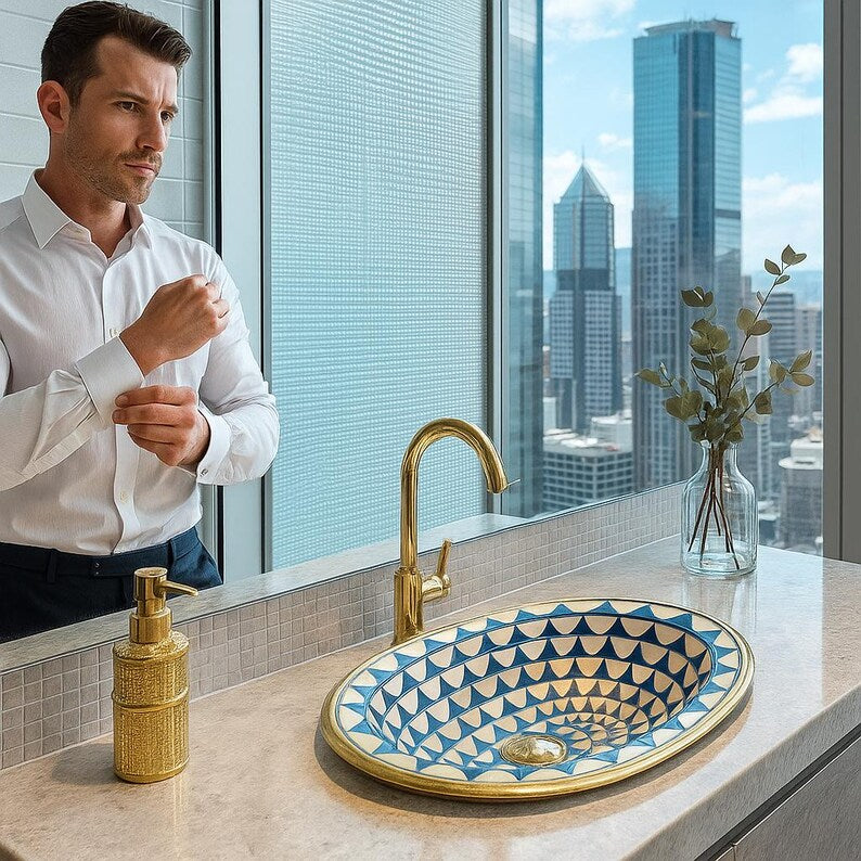 Moroccan artisan sink with blue bone and brass detailing