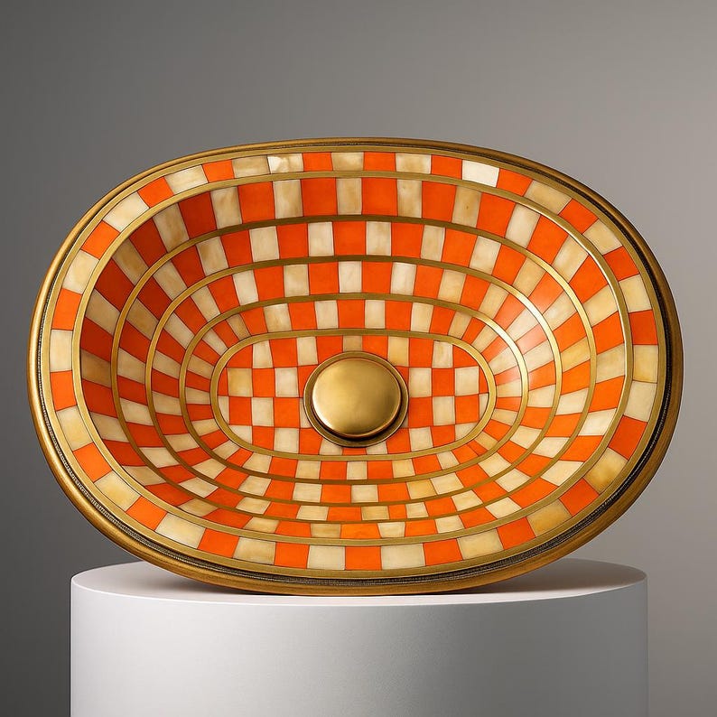 Moroccan drop-in vanity basin with brass rim and checkered pattern