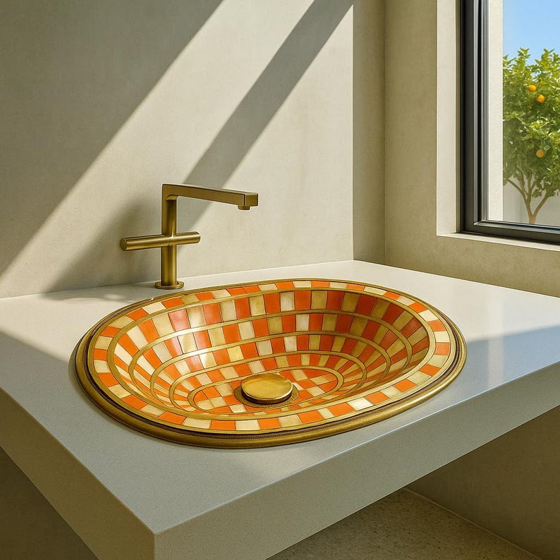 Moroccan drop-in vanity basin with brass rim and checkered pattern