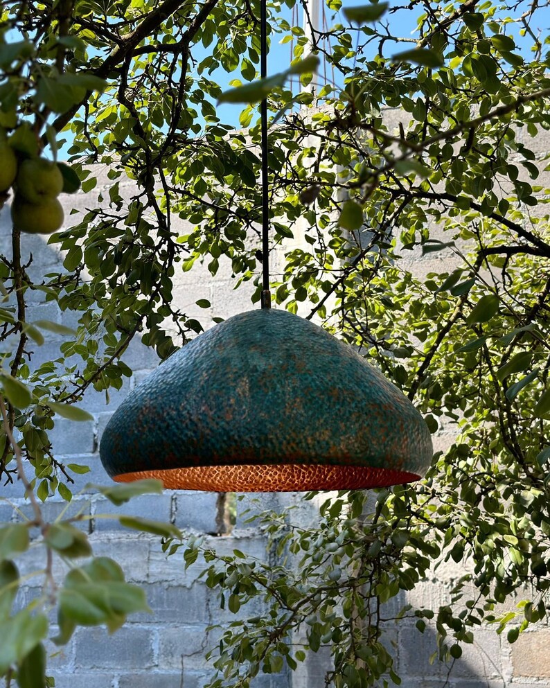 Moroccan hammered copper dome pendant light in aged finish – handmade