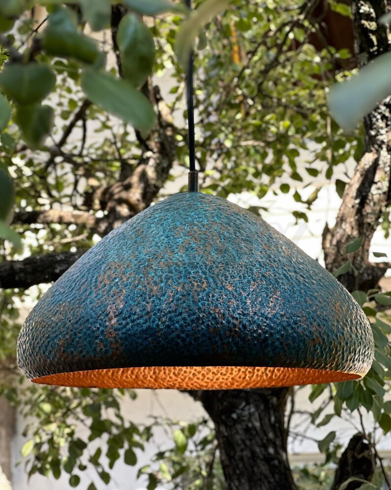 Moroccan hammered copper dome pendant light in aged finish – handmade
