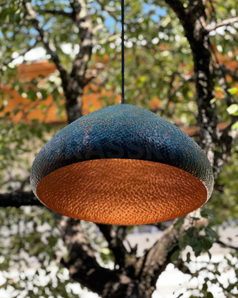 Moroccan hammered copper dome pendant light in aged finish – handmade