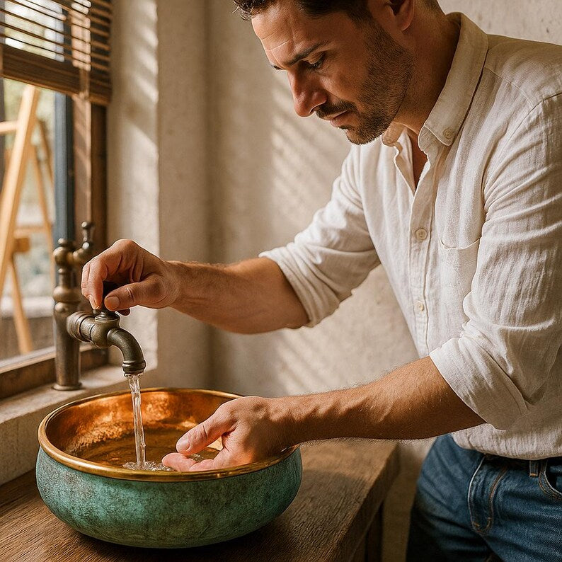 Moroccan handcrafted round sink with natural verdigris patina
