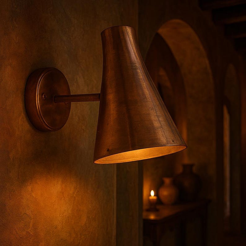 Moroccan handmade copper wall sconce for exterior use – brushed cone design

