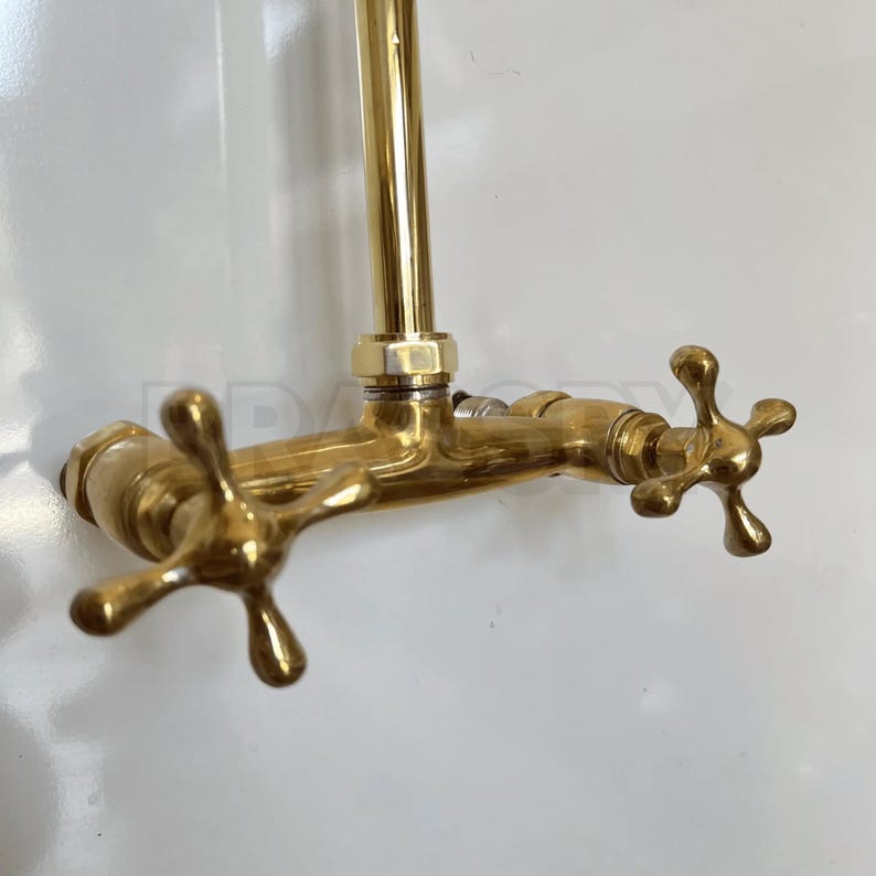 Moroccan unlacquered brass rain shower system with round head

