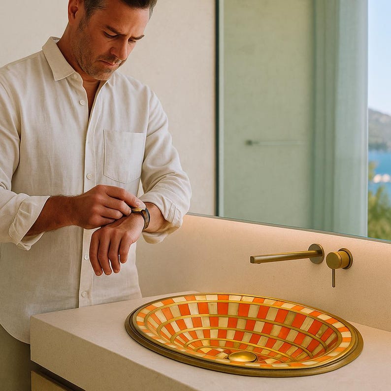 Orange checkered inlay sink with bone and metal details