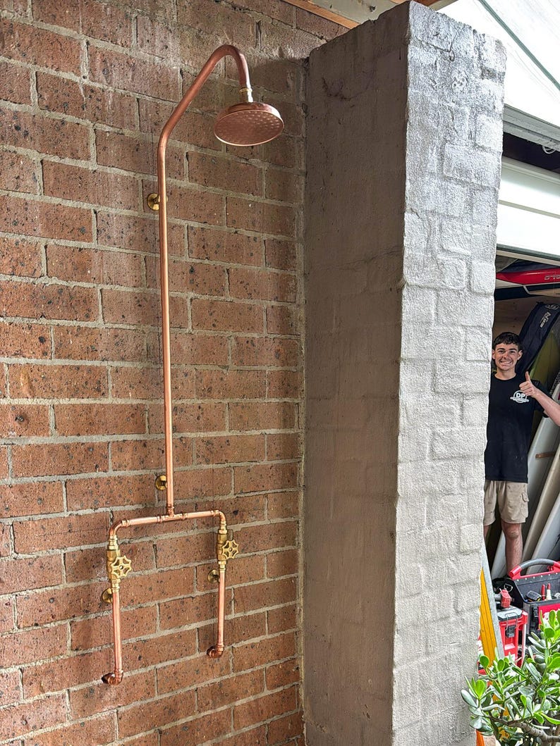 Outdoor Copper Shower with Hot & Cold Brass Valves – Handmade Wall Mount

