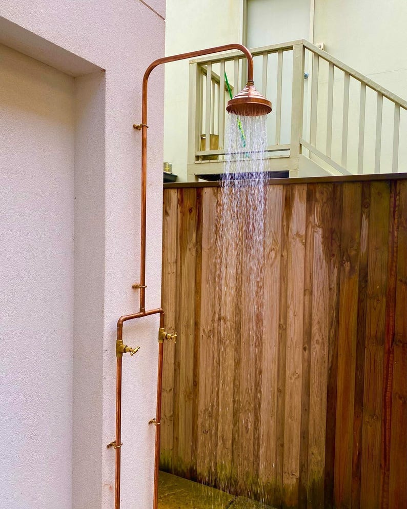Outdoor Copper Shower with Hot & Cold Brass Valves – Handmade Wall Mount

