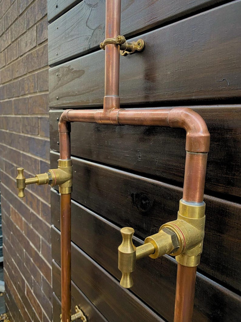 Outdoor Copper Shower with Hot & Cold Brass Valves – Handmade Wall Mount

