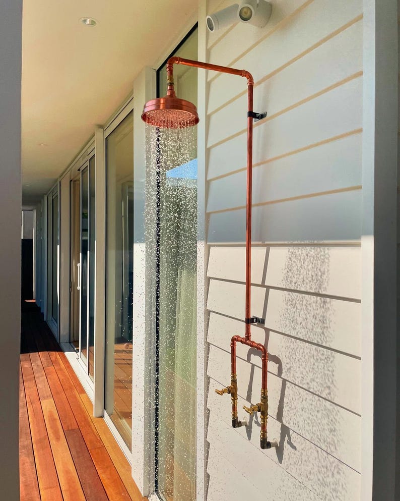 Outdoor Copper Shower with Hot & Cold Brass Valves – Handmade Wall Mount

