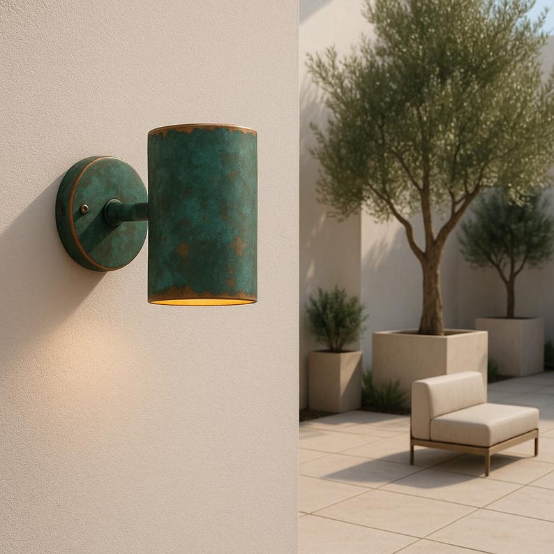 Outdoor Copper Verdigris Patina Wall Sconce – Handcrafted Cylinder Green Patina Copper Light, Rustic Waterproof Exterior Wall Fixture
