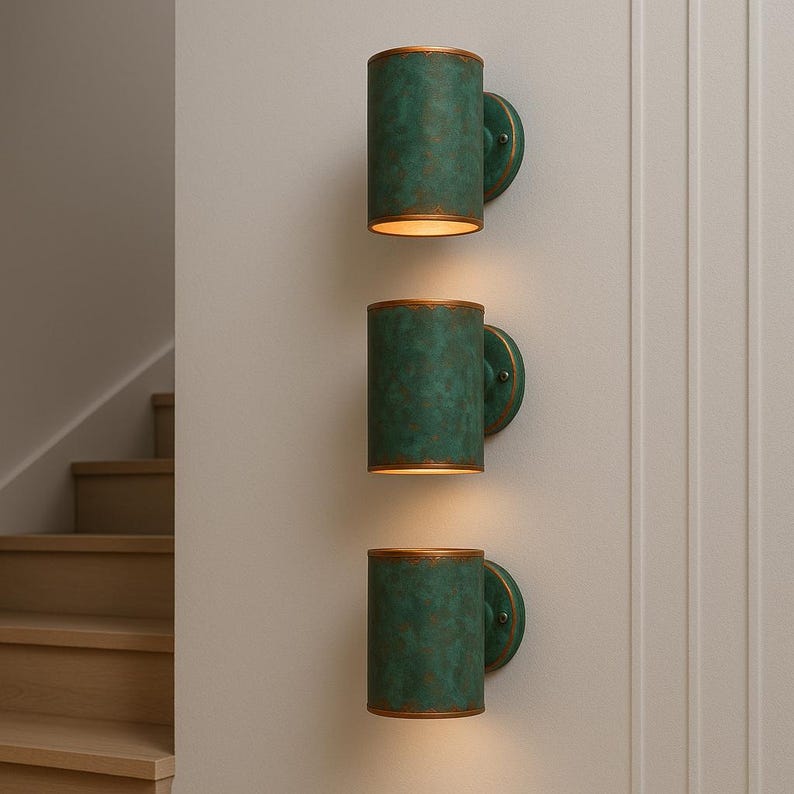 Outdoor Copper Verdigris Patina Wall Sconce – Handcrafted Cylinder Green Patina Copper Light, Rustic Waterproof Exterior Wall Fixture
