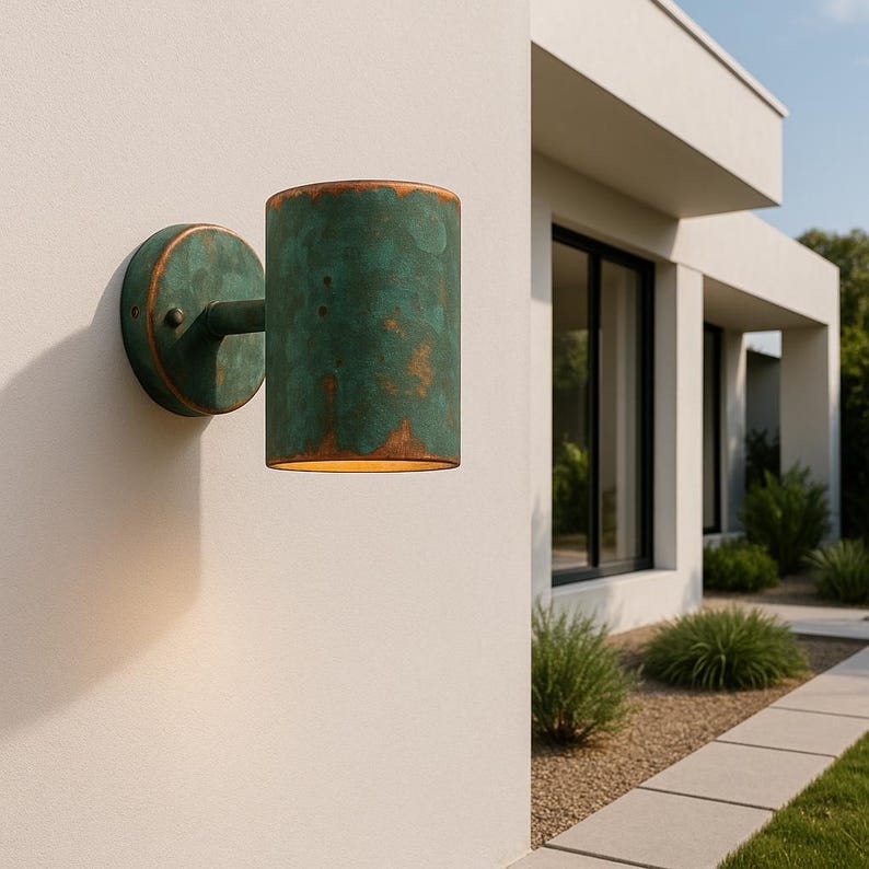 Outdoor Copper Verdigris Patina Wall Sconce – Handcrafted Cylinder Green Patina Copper Light, Rustic Waterproof Exterior Wall Fixture

