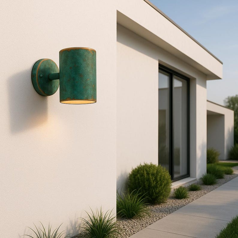 Outdoor Copper Verdigris Patina Wall Sconce – Handcrafted Cylinder Green Patina Copper Light, Rustic Waterproof Exterior Wall Fixture
