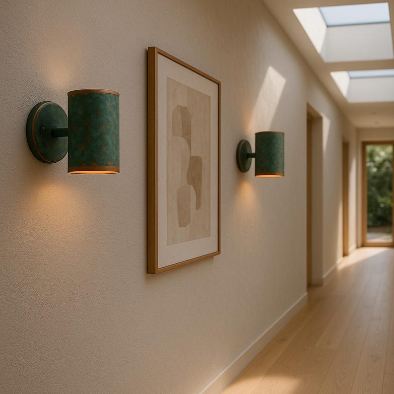 Outdoor Copper Verdigris Patina Wall Sconce – Handcrafted Cylinder Green Patina Copper Light, Rustic Waterproof Exterior Wall Fixture
