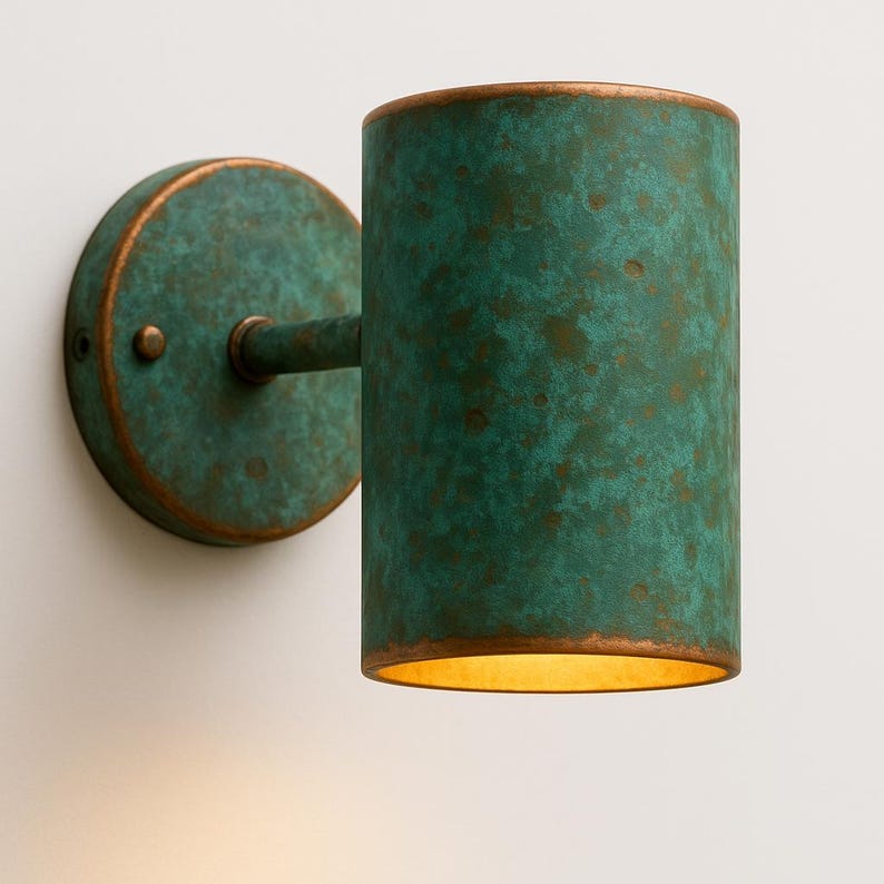 Outdoor Copper Verdigris Patina Wall Sconce – Handcrafted Cylinder Green Patina Copper Light, Rustic Waterproof Exterior Wall Fixture
