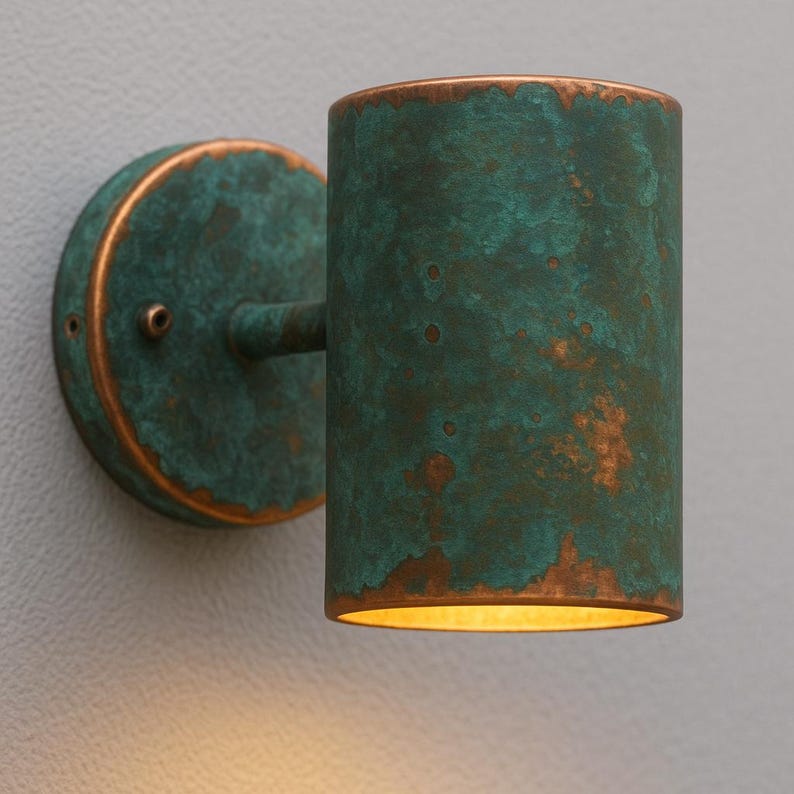 Outdoor Copper Verdigris Patina Wall Sconce – Handcrafted Cylinder Green Patina Copper Light, Rustic Waterproof Exterior Wall Fixture
