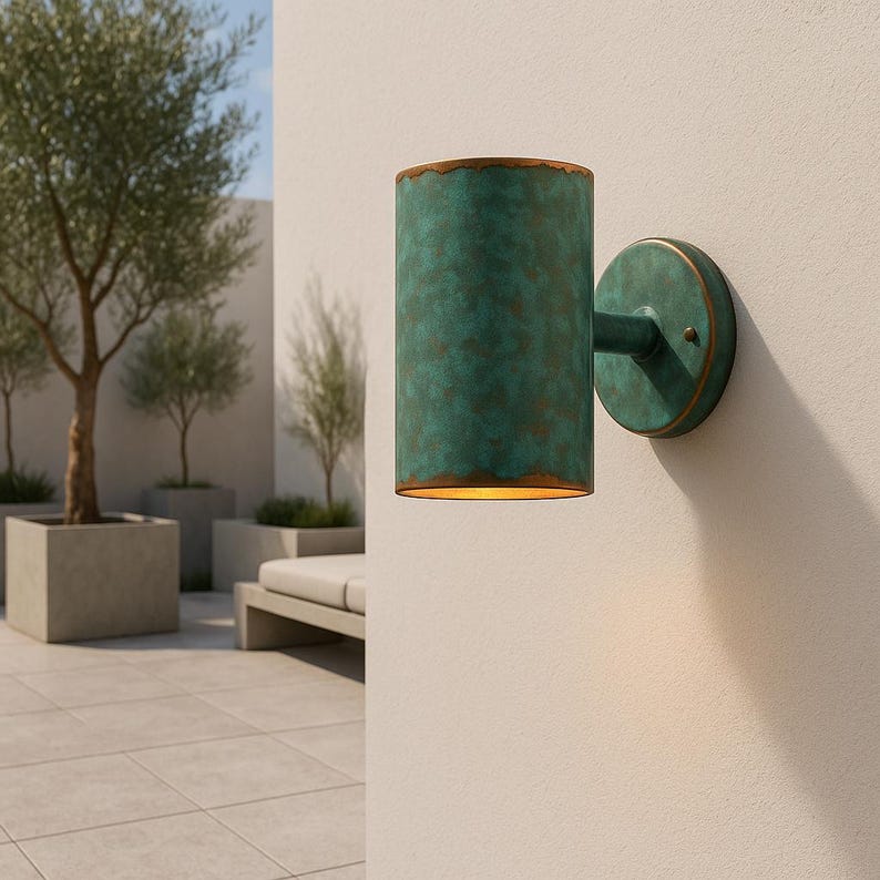 Outdoor Copper Verdigris Patina Wall Sconce – Handcrafted Cylinder Green Patina Copper Light, Rustic Waterproof Exterior Wall Fixture
