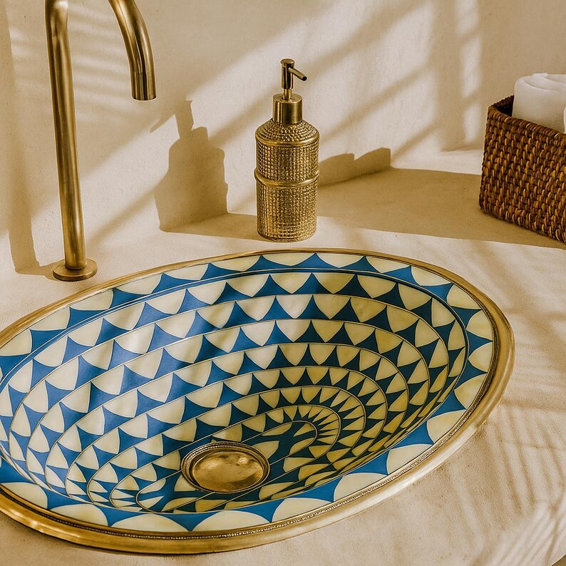 Oval drop-in bathroom basin with checkered blue resin