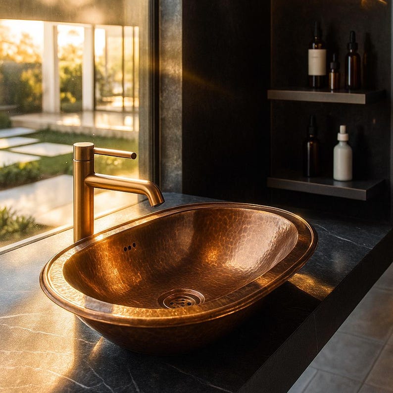 Oval hammered copper drop-in sink for farmhouse bathroom