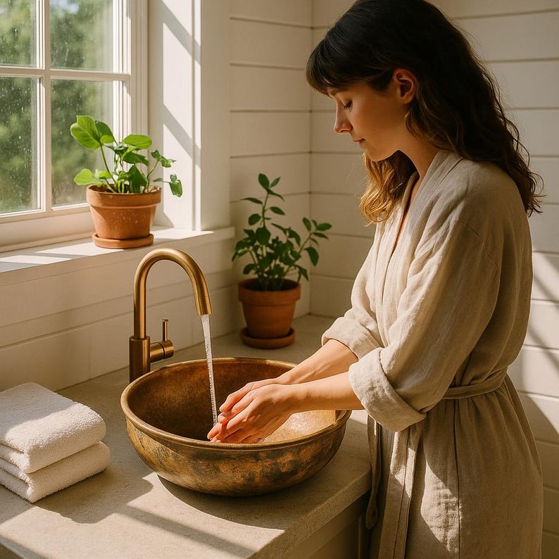 Oxidized copper vessel sink with hammered brass interior for rustic bathroom