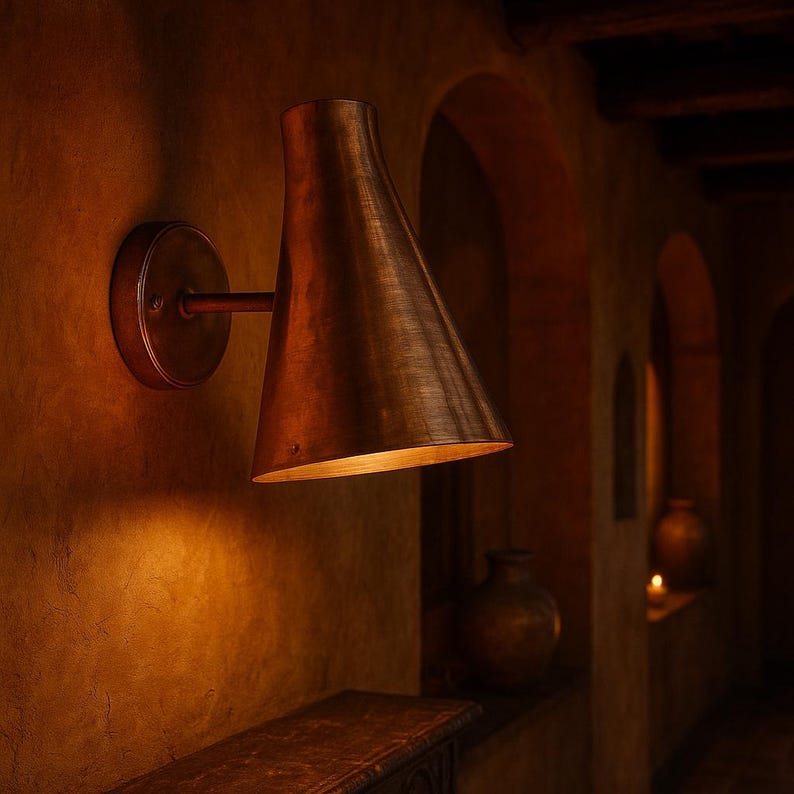 Patio copper light fixture with cone shape – rustic artisan wall sconce

