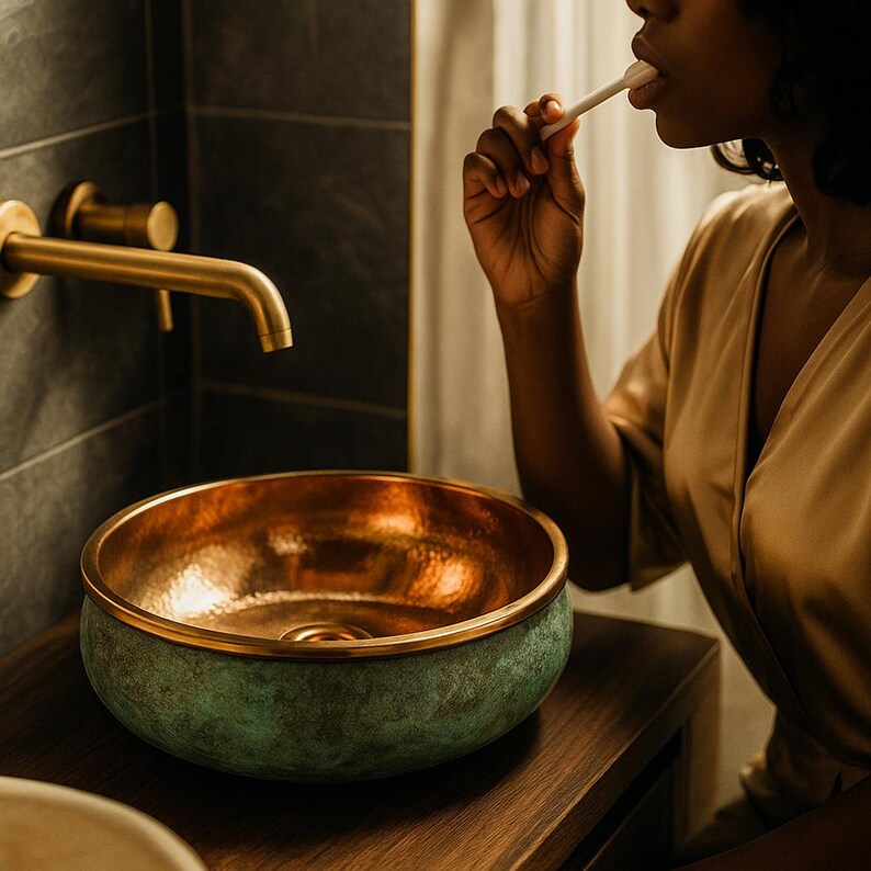 Round bathroom basin with oxidized copper and golden brass interior