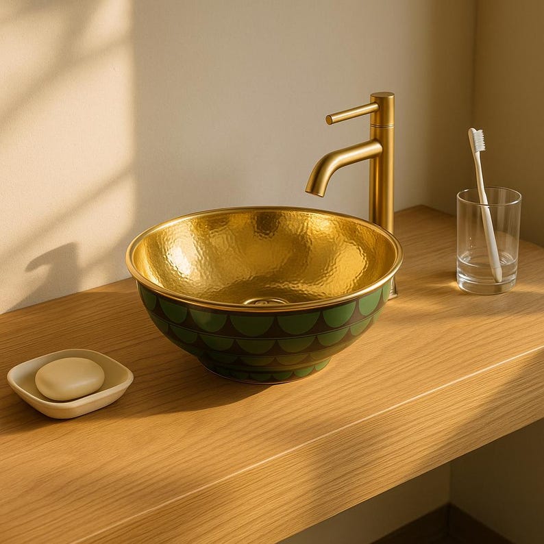 Round brass vessel sink with emerald green enamel exterior