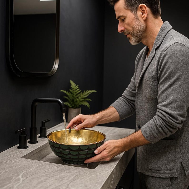Round brass vessel sink with emerald green enamel exterior