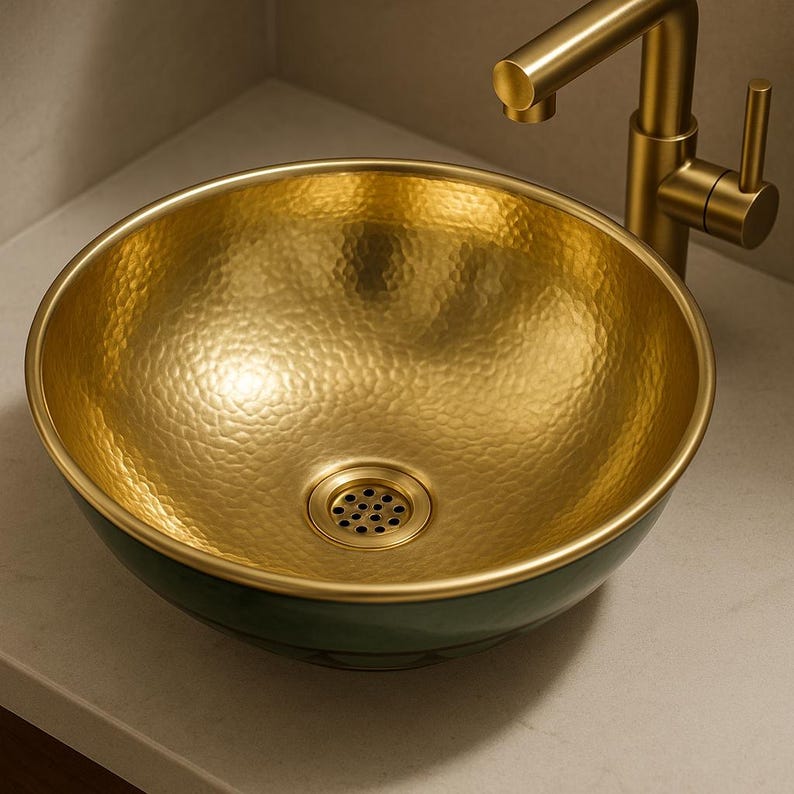 Round brass vessel sink with emerald green enamel exterior