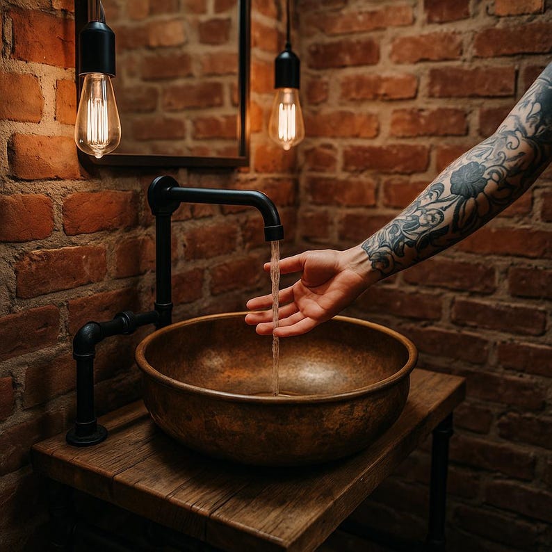 Round vessel sink with patina copper exterior and brass bowl