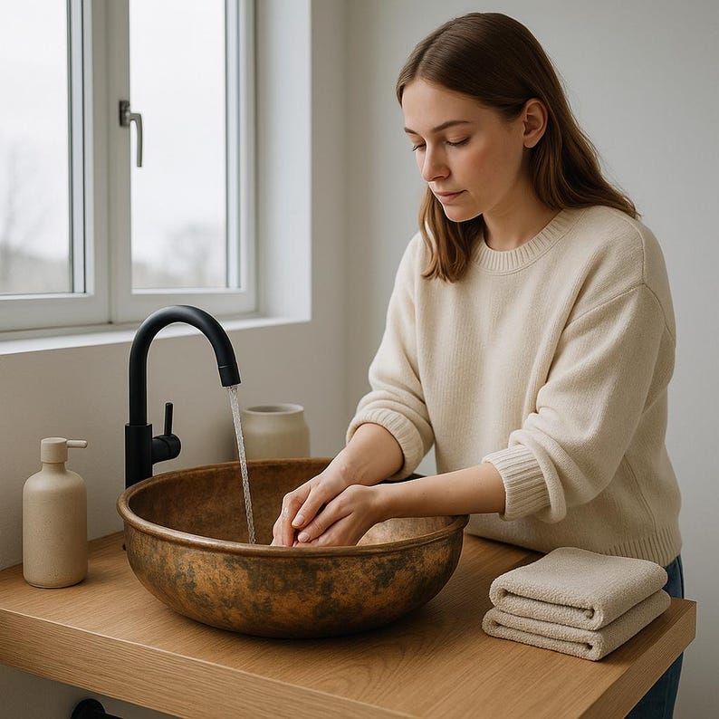 Round vessel sink with patina copper exterior and brass bowl