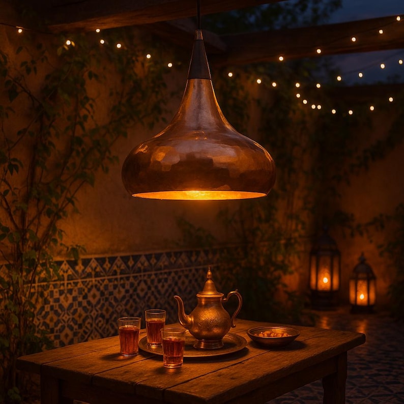 Burnished copper dome pendant for porch or interior lighting

