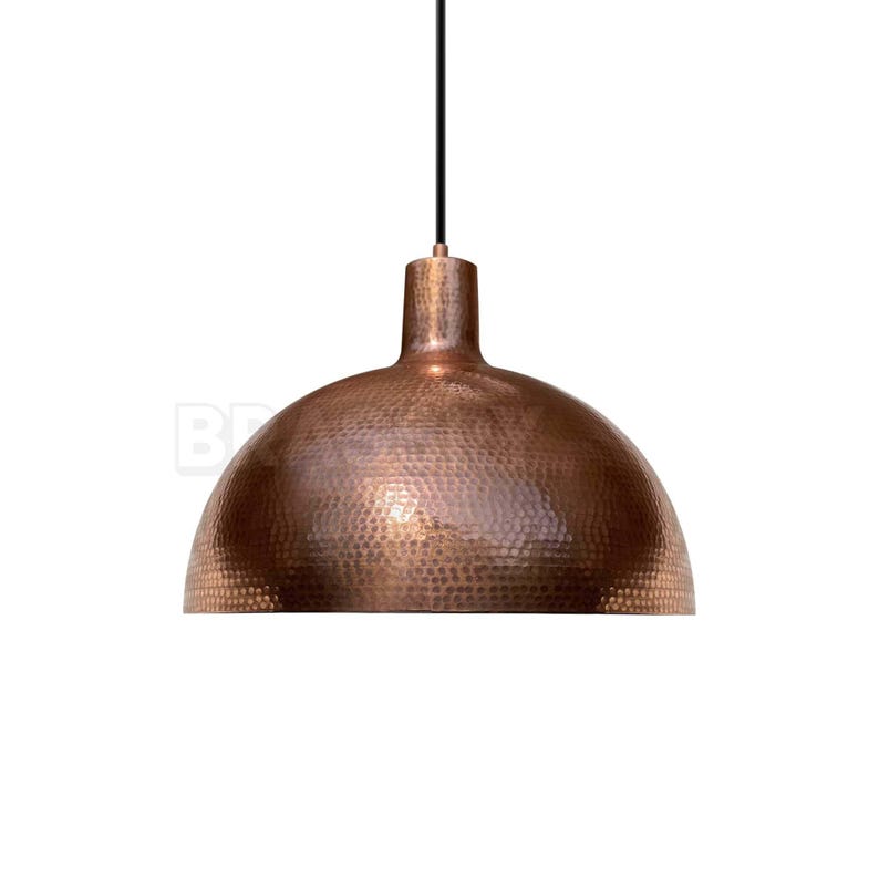 Rustic Moroccan hammered copper dome pendant light with aged finish


