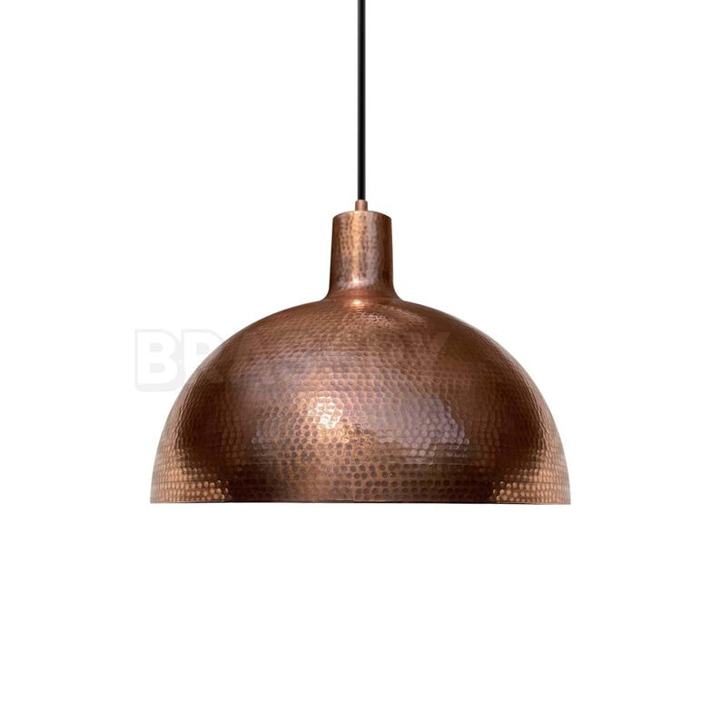 Rustic Moroccan hammered copper dome pendant light with aged finish

