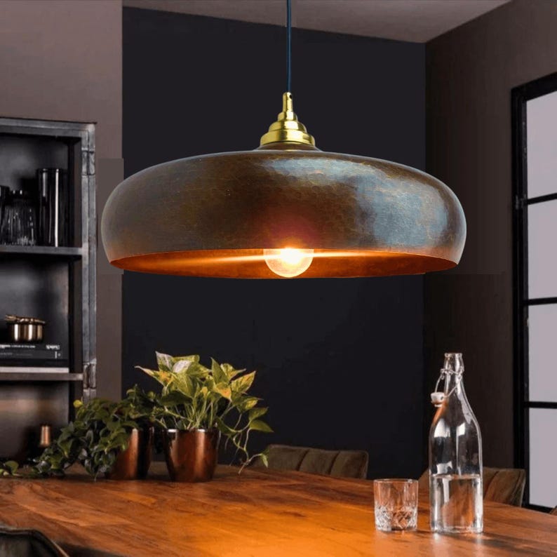 Rustic Moroccan hammered copper dome pendant light with aged finish


