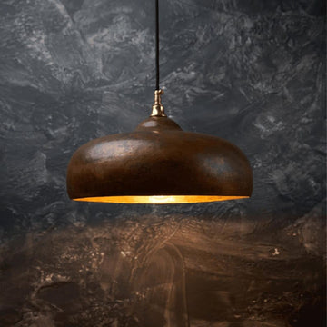 Rustic Moroccan hammered copper dome pendant light with aged finish

