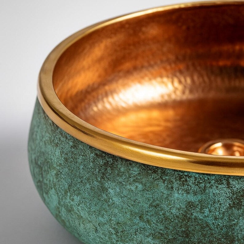 Rustic bathroom vessel sink with patina copper and brass finish