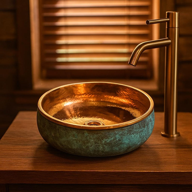 Rustic bathroom vessel sink with patina copper and brass finish