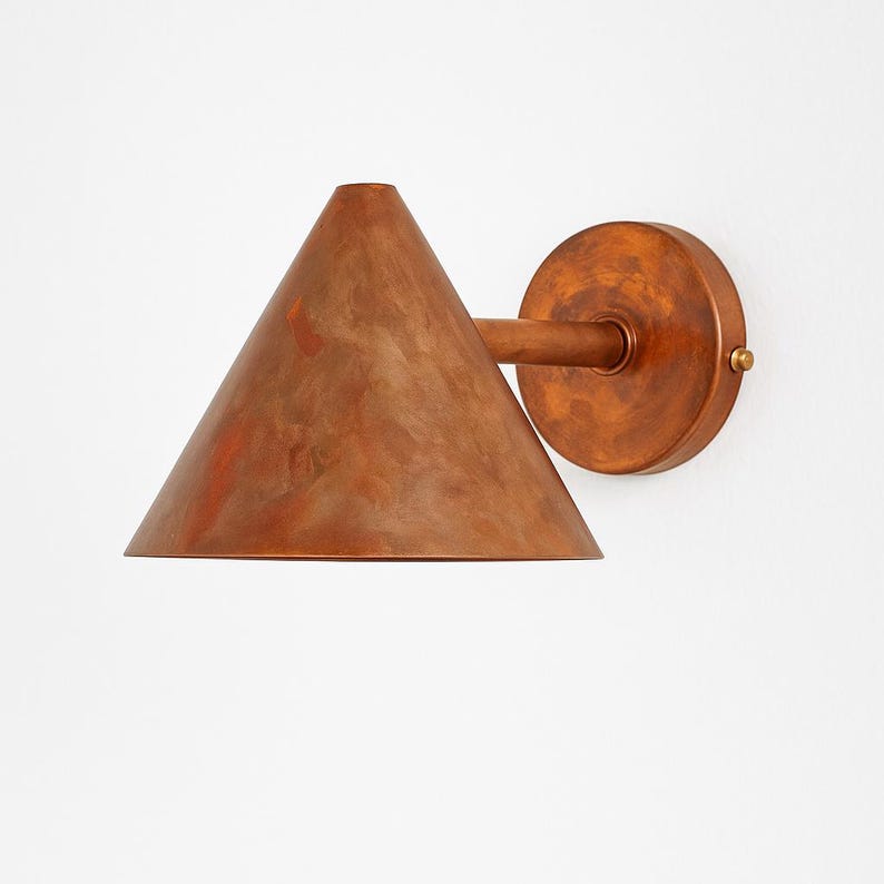 Rustic copper cone sconce light with natural patina potential – perfect for entryways and hallways

