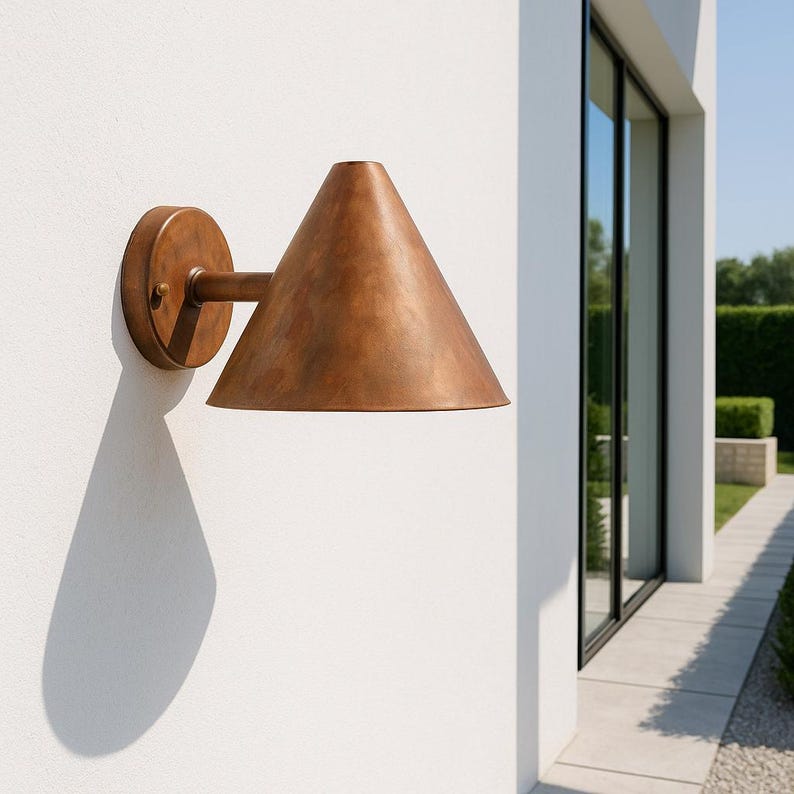 Rustic copper cone sconce light with natural patina potential – perfect for entryways and hallways

