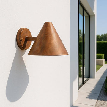 Rustic copper cone sconce light with natural patina potential – perfect for entryways and hallways

