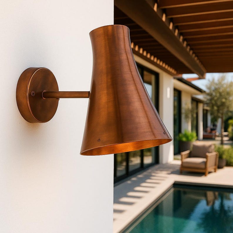 Rustic copper cone wall sconce with brushed finish – mid-century modern indoor outdoor light

