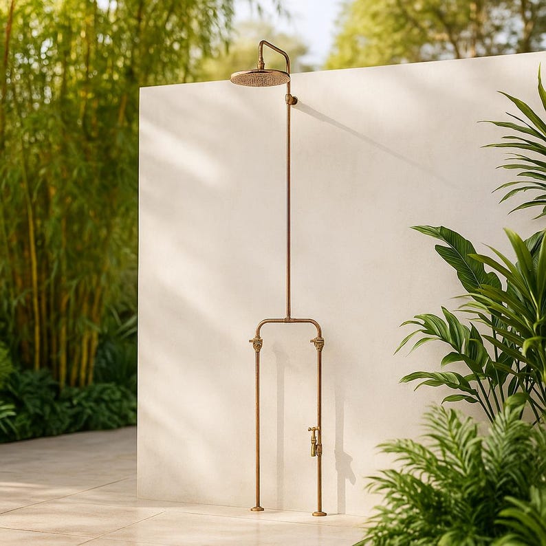 Rustic garden copper shower with dual hot and cold brass valves

