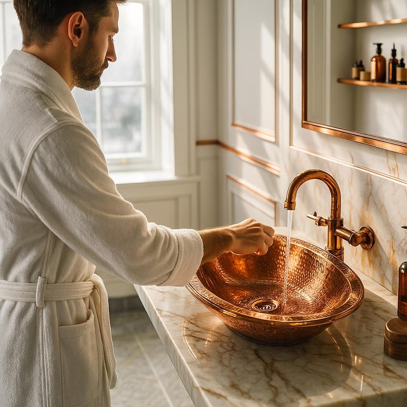 Rustic handmade copper bathroom basin with antique patina
