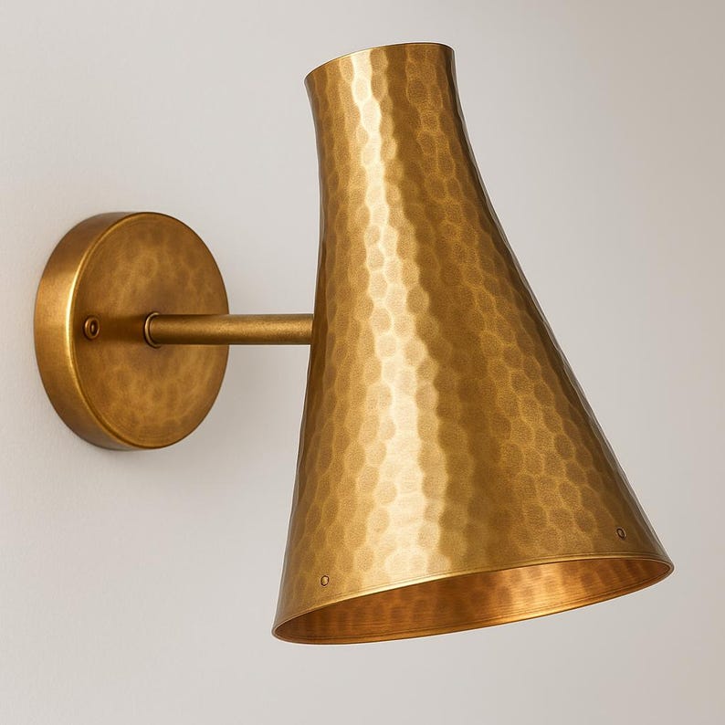 Mid-century hammered brass wall sconce – handmade lighting for entryways and patios

