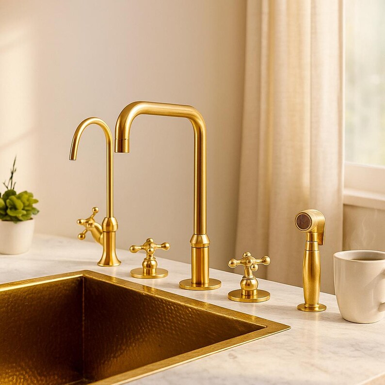 Vintage farmhouse brass kitchen faucet with sprayer

