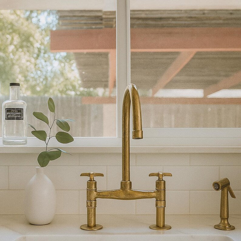 Solid brass bridge kitchen faucet with high arc spout