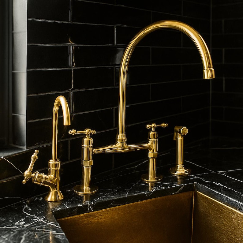 Solid brass bridge kitchen faucet with side sprayer

